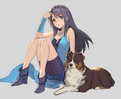 Rule 34 | 1girl, angelo (ff8), arm warmers, bike shorts, black hair, breasts, brown eyes, dog, final fantasy, final fantasy viii, full body, highres, jewelry, long hair, looking at viewer, necklace, open mouth, rinoa heartilly, simple background, skirt, sleeveless, sleeveless duster, teffish
