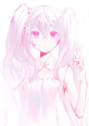 Rule 34 | 1girl, commentary, grey hair, hair between eyes, hatsune miku, highres, limited palette, long hair, looking at viewer, melt (vocaloid), open hand, parted lips, peso (honopesopeso), pink eyes, shirt, solo, twintails, upper body, very long hair, vocaloid, white shirt