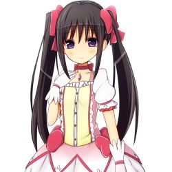 Rule 34 | 1girl, :|, akemi homura, alternate costume, alternate hairstyle, amano kouki, black hair, blush, bow, choker, closed mouth, collarbone, cosplay, dress, expressionless, flat chest, frilled dress, frills, gloves, hair bow, hair ornament, hand on own chest, kaname madoka, kaname madoka (cosplay), long hair, looking at viewer, magical girl, mahou shoujo madoka magica, mahou shoujo madoka magica (anime), pleated skirt, puffy sleeves, purple eyes, ribbon choker, serious, simple background, skirt, solo, soul gem, staring, twintails, white gloves