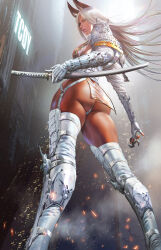 Rule 34 | 1girl, armor, ass, azazel1944, bikini armor, boots, bow, bow panties, elbow gloves, gloves, highres, holding, holding sword, holding weapon, japanese armor, katana, long hair, looking at viewer, no pants, panties, pauldrons, realistic, shoulder armor, solo, sword, thigh boots, thighhighs, thong, underwear, warrior, weapon, white gloves, white panties, white thighhighs