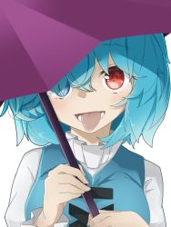 Rule 34 | 1girl, blue eyes, blue hair, blue vest, cross-laced clothes, cross-laced top, hair between eyes, hair over eyes, heterochromia, highres, holding, holding umbrella, long sleeves, looking at viewer, open mouth, purple umbrella, red eyes, shirt, short hair, simple background, smile, solo, standing, tatara kogasa, teeth, tongue, tongue out, touhou, tyouseki, umbrella, upper body, vest, white background, white shirt