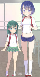 Rule 34 | 2girls, age difference, backpack, bag, blush, breasts, chair, classroom, closed mouth, collarbone, dated, gluteal fold, green eyes, green hair, green skirt, highres, indoors, kneehighs, layered skirt, long hair, micro shorts, multiple girls, original, pigeon-toed, purple eyes, purple hair, purple shorts, randoseru, school chair, shirt, shoes, short hair, short sleeves, shorts, signature, skirt, small breasts, smile, socks, standing, uwabaki, white footwear, white shirt, white socks, yone kinji
