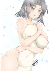 Rule 34 | 1girl, arm between breasts, armpit crease, bare shoulders, between breasts, blue background, blue eyes, blush, body blush, breast hold, breasts, collarbone, covered navel, covering privates, cowboy shot, cryokinesis, curvy, dated, gradient background, grey hair, groin outline, ice, impossible towel, kinako (mzknk0), large breasts, looking at viewer, naked towel, nude, nude cover, open mouth, parted bangs, senran kagura, senran kagura shinovi versus, shiny skin, short hair, sideboob, smile, solo, towel, two-tone background, water, water drop, wet, white background, white towel, wide hips, yumi (senran kagura)