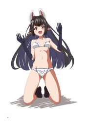 Rule 34 | 1girl, :d, bikini, black hair, breasts, brown eyes, collarbone, full body, kageyasu, kasandra (xenoblade), kneeling, long hair, looking at viewer, medium breasts, navel, open mouth, pointy ears, simple background, small breasts, smile, solo, stomach, swimsuit, white background, white bikini, xenoblade chronicles (series), xenoblade chronicles 2