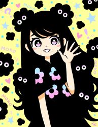 Rule 34 | !, 1girl, :d, ?, black dress, black hair, blending, blush stickers, bright pupils, commentary request, cowboy shot, creature, dot nose, dress, floral print, from side, garouma, grin, hand up, heart, highres, long hair, looking at viewer, looking to the side, motion lines, open mouth, original, pink eyes, print dress, romaji text, short sleeves, signature, smile, solo, star (symbol), very long hair, waving, wavy hair, white pupils, yellow background