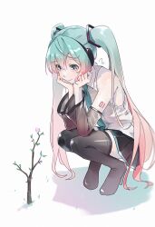 Rule 34 | 1girl, aqua hair, aqua necktie, black skirt, black thighhighs, closed mouth, collared shirt, commentary, detached sleeves, gradient hair, hatsune miku, hatsune miku (nt), highres, long hair, looking at flowers, multicolored hair, necktie, no shoes, number tattoo, piapro, pink hair, pleated skirt, sakura miku, shirt, simple background, skirt, sleeveless, sleeveless shirt, smile, solo, squatting, tattoo, thighhighs, torokko, twintails, vocaloid, white background, white shirt