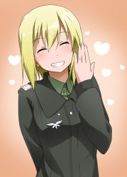 Rule 34 | 1girl, blonde hair, blush, erica hartmann, closed eyes, happy, heart, jewelry, military, military uniform, ring, short hair, solo, strike witches, uniform, world witches series, youkan