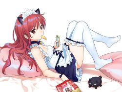 Rule 34 | 1girl, alternate costume, animal ears, apron, bare arms, bare shoulders, black choker, blue dress, breasts, cat, cat ears, cellphone, chigusa asuha, chips (food), choker, cleavage, dress, enmaided, food, food in mouth, frills, holding, holding phone, knees up, long hair, looking at viewer, maid, maid apron, maid day, maid headdress, mouth hold, no shoes, phone, pillow, potato chips, qualidea code, reclining, red eyes, red hair, sekiya asami, sleeveless, sleeveless dress, small breasts, solo, thighhighs, thighs, waist apron, white thighhighs