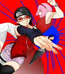 Rule 34 | 2girls, arm warmers, artist request, bandages, bare shoulders, black hair, boruto: the movie, bracelet, facial mark, fingernails, forehead mark, forehead protector, glasses, green eyes, hairband, haruno sakura, holding, holding weapon, jewelry, kunai, looking at viewer, mother and daughter, multiple girls, naruto, naruto (series), pink hair, red-framed eyewear, red eyes, red shirt, sharingan, shirt, short shorts, shorts, sleeveless, sleeveless shirt, thigh strap, uchiha sarada, weapon