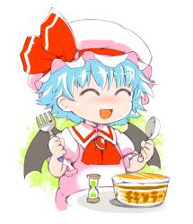 Rule 34 | 1girl, :d, bat wings, blue eyes, blue hair, brooch, child, cup ramen, dress, closed eyes, food, fork, happy, hat, hat ribbon, hourglass, ichizen (o tori), jewelry, matching hair/eyes, md5 mismatch, mob cap, noodles, open mouth, pink dress, ramen, remilia scarlet, ribbon, smile, solo, spoon, touhou, wings, aged down