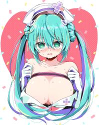 Rule 34 | 1girl, aqua hair, blush, breasts, cleavage, commentary request, confetti, dohna dohna issho ni warui koto o shiyou, double bun, gloves, green eyes, hair bun, hat, heart, heart-shaped pupils, highres, large breasts, long hair, looking at viewer, matsuda hikari, medico (dohna dohna), nose blush, nurse cap, parted lips, solo, sweat, symbol-shaped pupils, twintails, upper body, very long hair