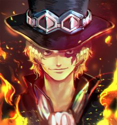 Rule 34 | 1boy, black hat, blonde hair, fire, goggles, goggles on head, hat, male focus, one piece, sabo (one piece), scar, solo