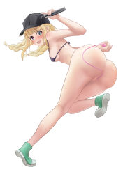 Rule 34 | 1girl, absurdres, anus, artist request, ass, baseball cap, black bra, blonde hair, blue eyes, blush, bra, braid, breasts, cleft of venus, from behind, hat, heart, heart-shaped pupils, highres, long hair, looking back, microphone, nipples, nude, object insertion, paripi koumei, pussy, sex toy, simple background, solo, symbol-shaped pupils, tennis, tsukimi eiko, underwear, vaginal, vaginal object insertion, vibrator, white background