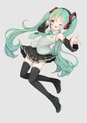 Rule 34 | 1girl, bad id, bad pixiv id, boots, detached sleeves, green eyes, green hair, hatsune miku, headset, highres, long hair, matching hair/eyes, mnmktn, necktie, one eye closed, skirt, solo, thigh boots, thighhighs, twintails, very long hair, vocaloid, wink