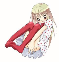 Rule 34 | 1girl, bad id, bad pixiv id, blonde hair, blush, brown eyes, covering privates, dress, feet, happy, kicham, knees to chest, long hair, polka dot, polka dot dress, red thighhighs, solo, thighhighs