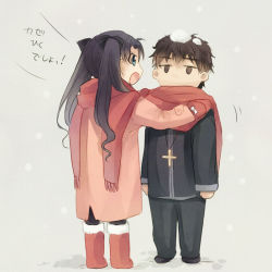 Rule 34 | 1boy, 1girl, age regression, black hair, boots, brown eyes, brown hair, child, coat, cross, cross necklace, fate/zero, fate (series), jewelry, kotomine kirei, long hair, mittens, necklace, red scarf, scarf, snow on head, syunga, tohsaka rin, twintails, winter clothes, aged down