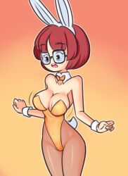 Rule 34 | 1girl, animal ears, black eyes, blush, bouncing breasts, bow, bowtie, breasts, brown hair, cleavage, collarbone, detached collar, drantyno, fake animal ears, fake tail, glasses, hanna-barbera, highleg, highleg leotard, highres, large breasts, leotard, looking down, mole, open mouth, orange background, orange bow, orange bowtie, orange leotard, pantyhose, playboy bunny, rabbit ears, rabbit tail, scooby-doo, short hair, standing, surprised, tail, teeth, velma dace dinkley, wrist cuffs