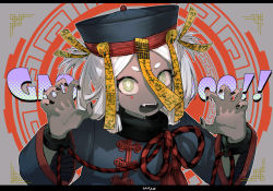 Rule 34 | 1girl, black hat, black jacket, black nails, claw pose, colored skin, copyright request, drooling, fangs, green eyes, grey background, grey hair, grey skin, hands up, hat, jacket, jiangshi, letterboxed, long sleeves, looking at viewer, nail polish, open mouth, qingdai guanmao, saliva, short eyebrows, signature, solo, thick eyebrows, upper body, uzura (bonnet225), wide sleeves