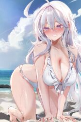 Rule 34 | 1girl, absurdres, ahoge, all fours, antenna hair, beach, bikini, blue sky, blush, breasts, cloud, collarbone, commentary request, day, dolechan, frilled bikini, frills, grin, hair between eyes, highres, large breasts, long hair, looking at viewer, o-ring, ocean, original, outdoors, purple eyes, sidelocks, sky, smile, solo, sweat, swimsuit, teeth, variant set, white bikini, white hair