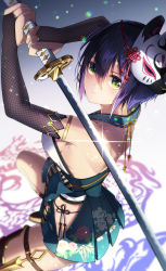 Rule 34 | 1girl, bad id, bad twitter id, bare shoulders, blurry, bridal gauntlets, chromatic aberration, commentary request, depth of field, floral print, flower knot, fox mask, fujiya takao, green eyes, hair between eyes, highres, hip vent, holding, holding sword, holding weapon, japanese clothes, jewelry, katana, kusunoki suzu, leg belt, looking at viewer, mask, mask on head, miniskirt, original, pleated skirt, purple hair, revision, short hair, skirt, sleeveless, solo, sword, tassel, weapon