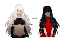 Rule 34 | 2girls, android, armlet, black gloves, black hair, blue eyes, closed mouth, collarbone, commentary request, dress, elbow gloves, gloves, grey eyes, hairband, highres, joints, long hair, mole, mole under mouth, multiple girls, navel, nier (series), nier:automata, partial commentary, puffy sleeves, red dress, red girl (nier), red girl (nier), red hairband, remiilla, robot joints, short hair, twitter username, very long hair, white background, white hair, a2 (nier:automata)