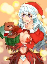 Rule 34 | 1boy, 1girl, artemis (fate), bear, blush, bracelet, breasts, christmas, elbow gloves, fate/grand order, fate (series), gloves, hat, long hair, meat, navel, open mouth, orion (bear) (fate), panties, pink eyes, ribbon, santa costume, underwear, white hair