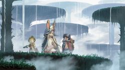 Rule 34 | 1boy, 1girl, 1other, animal ears, backpack, bag, black headwear, brown cape, brown gloves, brown jacket, cape, commentary request, ears through headwear, fake horns, furry, gloves, helmet, horned helmet, horns, jacket, made in abyss, nanachi (made in abyss), open clothes, open jacket, outstretched arm, pointing, regu (made in abyss), riko (made in abyss), short sleeves, standing, topless male, wasabi60, water, waterfall, white headwear