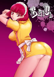 Rule 34 | 1girl, apron, ass, atlus, bent over, breasts, catherine (game), character name, dress, erica anderson, headdress, huge ass, large breasts, lipstick, looking back, maid headdress, makeup, mole, no panties, pink eyes, red eyes, red hair, sabusuka, short dress, short hair, solo, uniform, waist apron, waitress