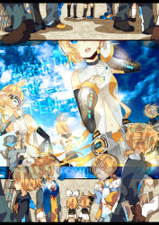 Rule 34 | 1boy, 1girl, aqua eyes, arm warmers, blonde hair, brother and sister, detached sleeves, hair ornament, hair ribbon, hairclip, headphones, highres, isa (suisuihoi), kagamine len, kagamine len (append), kagamine rin, kagamine rin (append), md5 mismatch, navel, necktie, resolution mismatch, ribbon, scarf, school uniform, serafuku, short hair, shorts, siblings, smile, source larger, twins, vocaloid, vocaloid append