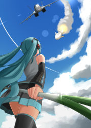 Rule 34 | 1girl, aircraft, airplane, ass, cloud, day, fighter jet, flying, from below, green hair, hair ornament, hatsune miku, headphones, jet, long hair, mig-29, military, military vehicle, missile, pinkwaters, pun, sky, solo, spring onion, thighhighs, twintails, very long hair, vocaloid, weapon, zettai ryouiki