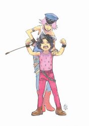 Rule 34 | 1boy, 1girl, aged down, androgynous, black hair, boots, chain, child, denim, final fight, full body, hugo andore, jeans, leaning, leaning on person, male focus, off shoulder, open mouth, pants, pink hair, pink pants, poison (final fight), polka dot, polka dot shirt, red footwear, shirt, short hair, simple background, street fighter, street fighter iii (series), tank top, torn clothes, torn pants, white background