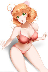 Rule 34 | 1girl, :o, ahoge, banned artist, bare arms, bare legs, bikini, breasts, cleavage, collarbone, from above, front-tie bikini top, front-tie top, green eyes, hair between eyes, halterneck, highres, kimmy77, large breasts, long hair, navel, open mouth, orange hair, penny polendina, red bikini, rwby, sideboob, simple background, sitting, solo, swimsuit, white background