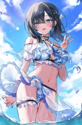 Rule 34 | 1girl, bikini, bikini skirt, black hair, blue bikini, blue eyes, blue hair, blue sky, blush, breasts, butterfly hair ornament, character request, cleavage, cloud, commentary request, copyright request, cowboy shot, day, frilled bikini, frills, hair ornament, hand up, highres, large breasts, looking at viewer, medium hair, multicolored hair, navel, nekoyashiki pushio, open mouth, outdoors, sky, smile, solo, swimsuit, thigh gap, thigh strap, two-tone hair, wading, water, water drop