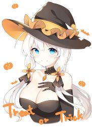 Rule 34 | 1girl, absurdres, azur lane, bad id, bad twitter id, bare shoulders, black dress, black gloves, black hat, blue eyes, breasts, choker, cleavage, closed mouth, collarbone, cropped torso, dress, elbow gloves, gloves, hair ornament, halloween, hand on own chest, hand up, hat, highres, illustrious (azur lane), large breasts, long hair, looking at viewer, low twintails, mole, mole under eye, paaru, sleeveless, sleeveless dress, smile, solo, strapless, strapless dress, twintails, white hair, witch hat