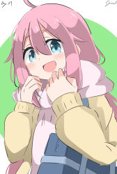 Rule 34 | 1girl, :d, absurdres, blue eyes, blush, carrying, carrying bag, carrying under arm, coat, cynical (llcbluckg c004), green background, hair between eyes, hands up, highres, kagamihara nadeshiko, open mouth, pink hair, pink scarf, scarf, signature, smile, solo, tareme, upper body, yellow coat, yurucamp