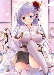 Rule 34 | 1girl, ass, azur lane, bad id, bad pixiv id, black gloves, blue eyes, blunt bangs, blush, breasts, cameltoe, collarbone, cup, day, flower, gloves, hair flower, hair ornament, hand on own face, highres, holding, holding clothes, indoors, instrument, japanese clothes, kimono, knee up, large breasts, leg hold, long hair, looking at viewer, mole, mole under eye, open mouth, panties, pantyhose, pantyshot, partially fingerless gloves, petals, pleated skirt, pointing, pointing at viewer, rigging, saucer, shoukaku (azur lane), sidelocks, silver hair, sitting, skindentation, skirt, smile, solo, sousouman, steam, tatami, thighhighs, thighs, underwear, white panties, white pantyhose, white thighhighs, wide sleeves, wind