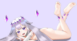 Rule 34 | 1girl, ass, blush, breasts, crown, feet, gem, gloves, grey hair, hair flaps, highres, hololive, hololive english, jewel under eye, koseki bijou, legs up, long hair, looking at viewer, lying, nude, on stomach, open mouth, purple eyes, simple background, small breasts, smile, tamagotozi3420, very long hair, virtual youtuber