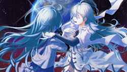 Rule 34 | 2girls, ahoge, aqua hair, blood, blood on hands, blue sailor collar, blue skirt, capelet, commentary request, dual persona, earth (planet), elbow gloves, closed eyes, fur trim, gloves, highres, idol, iloli, long hair, long sleeves, lower teeth only, multiple girls, music, open mouth, planet, pleated skirt, sailor collar, school uniform, serafuku, singing, skirt, teeth, upper body, upper teeth only, vivy, vivy: fluorite eye&#039;s song, white capelet, white gloves