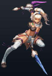 Rule 34 | 1girl, arm up, armor, blonde hair, boots, breasts, capcom, chopsticks, cleavage, closed mouth, dual wielding, full body, gauntlets, hairband, holding, holding sword, holding weapon, horns, jewelry, kirin (armor), knee up, loincloth, long hair, looking at viewer, midriff, monster hunter, monster hunter: world, monster hunter (series), navel, niur, outstretched leg, panties, pauldrons, pendant, ponytail, shoulder armor, simple background, single horn, smile, solo, sports bra, stomach, sword, thigh boots, thighhighs, toned, underwear, weapon