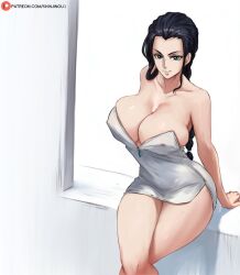 Rule 34 | 1girl, black hair, blue eyes, breasts, lady shin, large breasts, long hair, nico robin, one piece, shinjinou1, solo, thick thighs, thighs, white background