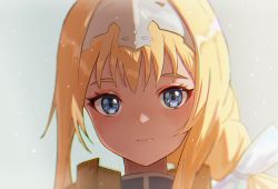 Rule 34 | 1girl, alice zuberg, blonde hair, blue eyes, blush, close-up, closed mouth, commentary request, hair ribbon, hairband, long hair, looking at viewer, moth1, ribbon, solo, sword art online, sword art online: alicization, very long hair, white ribbon