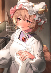 Rule 34 | 2girls, absurdres, animal hat, apron, blonde hair, blush, breasts, brown eyes, commentary request, dress, female pov, fox tail, gloves, hat, highres, indoors, kappougi, long sleeves, looking at viewer, masanaga (tsukasa), medium breasts, mob cap, multiple girls, parted lips, mob cap, pov, pov hands, short hair, solo focus, tail, touhou, upper body, white dress, white gloves, white headwear, yakumo ran, yakumo yukari
