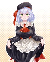 Rule 34 | 1girl, absurdres, apron, ascot, black dress, braid, clothes lift, collarbone, commentary request, detached collar, dress, dress lift, genshin impact, green eyes, grey hair, hair between eyes, hat, highres, koi0910, lifted by self, long sleeves, looking at viewer, maid, maid apron, noelle (genshin impact), noelle (kfc) (genshin impact), official alternate costume, short hair, sidelocks, single braid, smile, solo