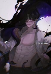 Rule 34 | 1boy, abs, algorhythm project, artist name, black hair, chain, closed mouth, collarbone, collared shirt, commentary request, earrings, glasses, glint, gold trim, hair between eyes, hand up, highres, jewelry, looking at viewer, male focus, navel, open clothes, open shirt, parted bangs, pectorals, purple eyes, raineemeow, rectangular eyewear, schneider (algorhythm project), shirt, short hair, simple background, smile, solo, standing, stomach, tentacles, thai commentary, twitter username, virtual youtuber, white background, white shirt, wing collar