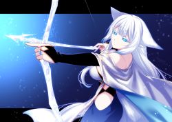 Rule 34 | 1girl, animal ears, arrow (projectile), blue eyes, blunt bangs, bow (weapon), breasts, cleavage, cloak, closed mouth, dated, drawing bow, fox ears, fox tail, hip vent, holding, holding bow (weapon), holding weapon, konshin, large breasts, long hair, looking at viewer, pixiv fantasia, pixiv fantasia last saga, signature, solo, tail, weapon, white hair