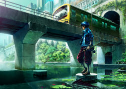 Rule 34 | 1boy, blue hair, bridge, cat, fish, fishing rod, jacket, lily pad, male focus, nature, original, oropi, outdoors, plant, railing, revision, river, sky, sleeves rolled up, solo, standing, train, turtle