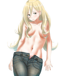 Rule 34 | 1girl, blonde hair, blush, breasts, closed mouth, convenient censoring, denim, hair between eyes, hair censor, hair over breasts, highres, jeans, kantai collection, long hair, looking at viewer, mole, mole under eye, mole under mouth, navel, no bra, panties, pants, pink panties, richelieu (kancolle), simple background, small breasts, smile, solo, tama (tamago), topless, underwear, white background, yellow eyes
