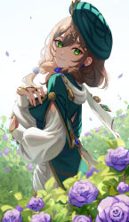 Rule 34 | 1girl, absurdres, beret, braid, breasts, closed mouth, earrings, flower, flower earrings, from side, genshin impact, green eyes, green hat, hair flower, hair ornament, hands on own chest, hat, highres, jewelry, light brown hair, lisa (a sobriquet under shade) (genshin impact), lisa (genshin impact), long sleeves, manunnu, medium breasts, puffy long sleeves, puffy sleeves, purple flower, purple rose, rose, smile, solo, twin braids