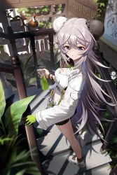 Rule 34 | 1girl, animal, apron, arknights, bead bracelet, beads, bird, black legwear, black shorts, bottle, bracelet, breasts, bun cover, cleavage, full body, grey hair, hair between eyes, hand on railing, highres, indoors, jewelry, long hair, long sleeves, looking at viewer, masin0201, medium breasts, mulberry (arknights), mulberry (plant crude drug) (arknights), official alternate costume, parted lips, plant, potted plant, purple hair, short shorts, shorts, shrug (clothing), signature, smile, solo, spray bottle, spray can, stairs, standing, very long hair, white apron, white footwear