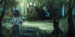 Rule 34 | 2girls, :o, bag, barefoot, black hair, black skirt, blue bow, blue dress, blue eyes, blue hair, bow, brown bag, cirno, commentary request, dress, feet out of frame, floating, forest, from behind, grass, hair between eyes, hair bow, hat, highres, ice, ice wings, looking at viewer, multiple girls, nature, neck ribbon, open mouth, outdoors, pinafore dress, pleated skirt, pointing, pom pom (clothes), puffy short sleeves, puffy sleeves, railroad tracks, red ribbon, ribbon, roke (taikodon), satchel, shameimaru aya, shirt, short hair, short sleeves, skirt, sleeveless, sleeveless dress, standing, tokin hat, touhou, train, tree, white shirt, wings